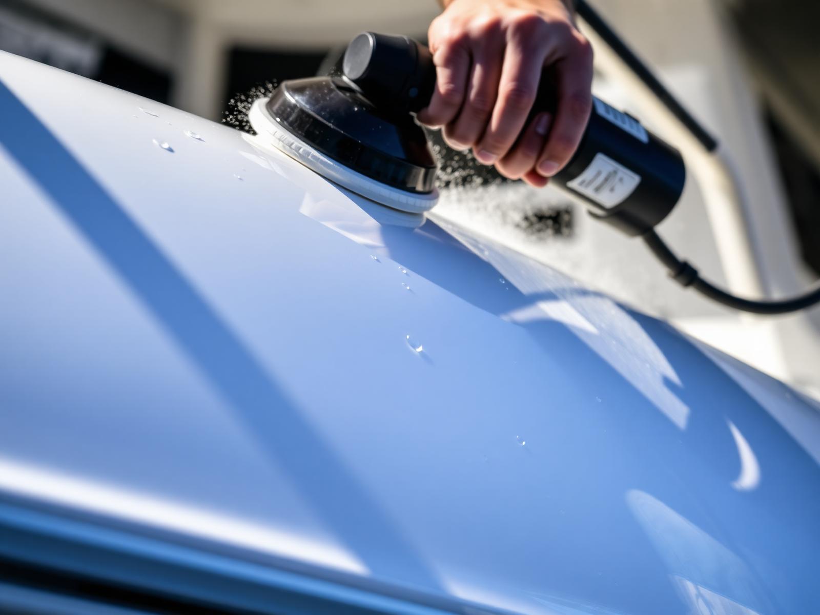 Machine polishing a boat hull